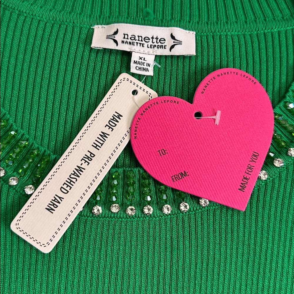 NEW Nanette Lepore Green Ribbed Sweater Rhinestone‎ Collar Top Womens XL - Picture 8 of 12